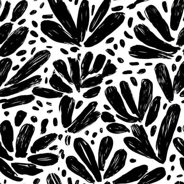 Bold Black Ink Floral Pattern on White Background
