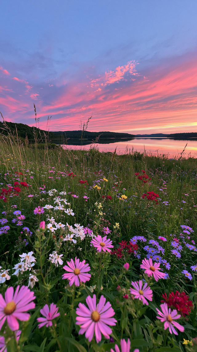 Breathtaking Summer Sunset Over a Tranquil Lakeside Meadow