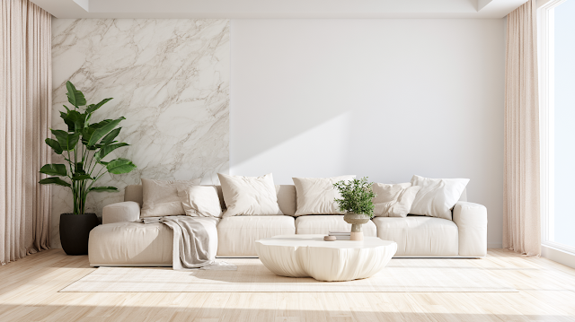 Bright Scandinavian Living Room with Marble Accent Wall