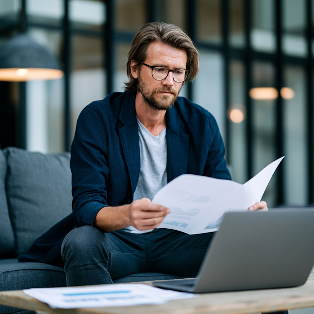 Business Owner Analyzing Financial Growth in Modern Office