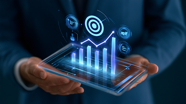 Business Professional with Transparent Tablet and Analytics Dashboard