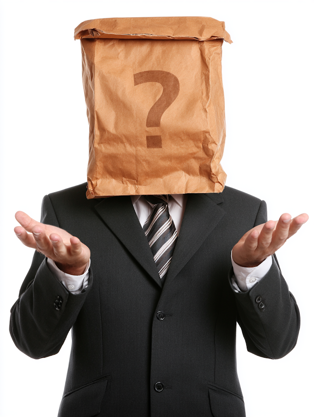 Businessman with Brown Paper Bag Question Mark