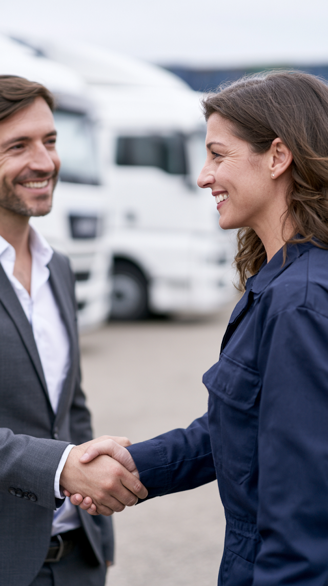 Businesswoman and Truck Driver Shaking Hands