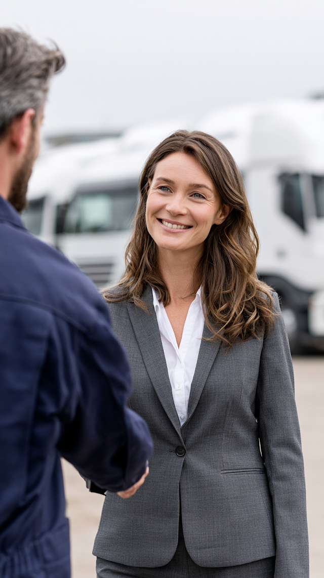 Businesswoman Shaking Hands with Truck Driver
