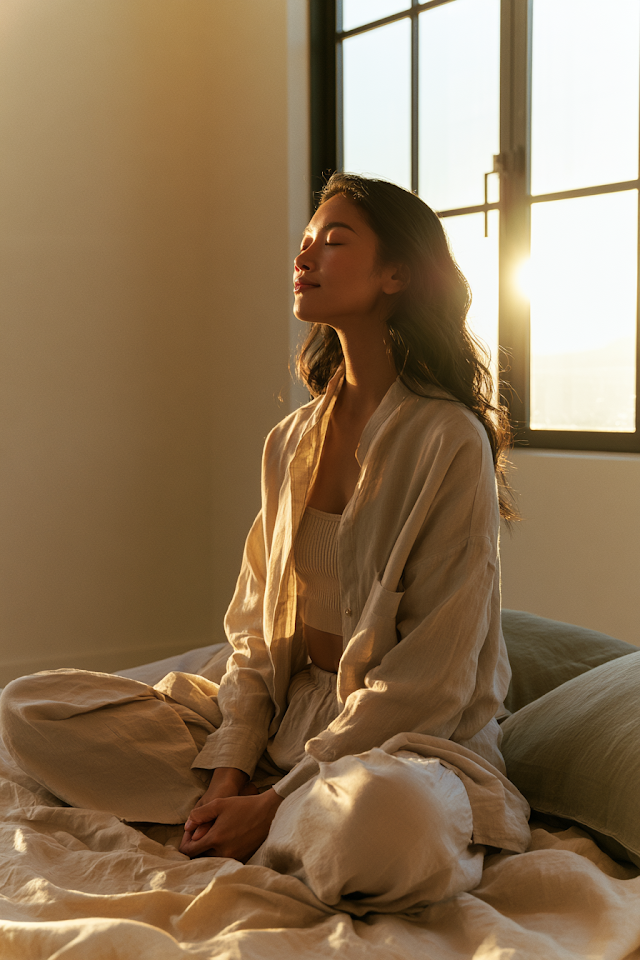 Calm Yoga Breathing in a Sunlit Living Room
