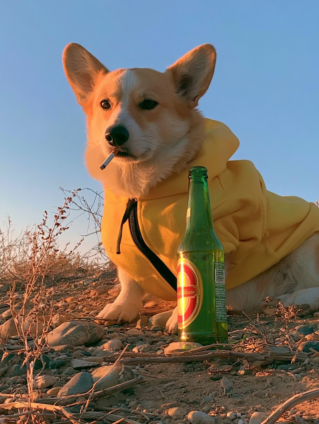 Candid Corgi in Yellow Hoodie with Beer