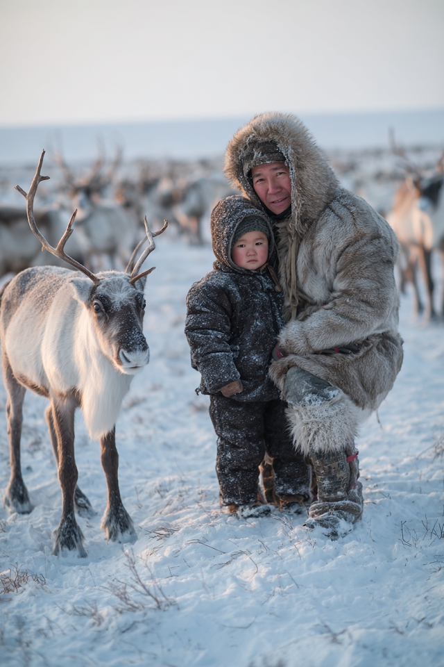 Candid Moment in Winter: Adult and Child with Reindeer