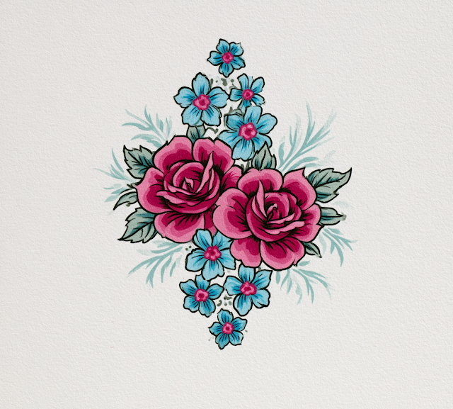 Cartoonish Floral Pattern with Pink Roses and Blue Flowers