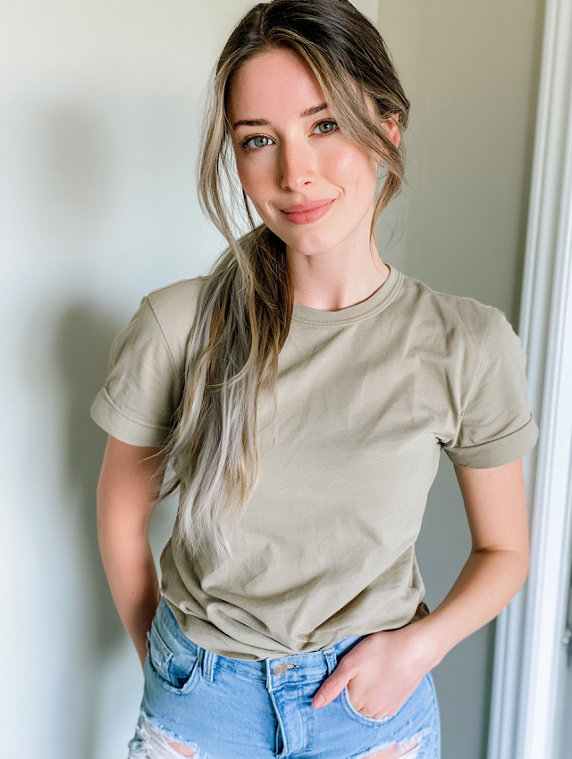 Casual Instagram Influencer in Light Khaki Top and Ripped Jeans