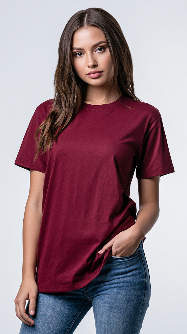 Casual Studio Portrait of a Female Model in a Cardinal T-Shirt