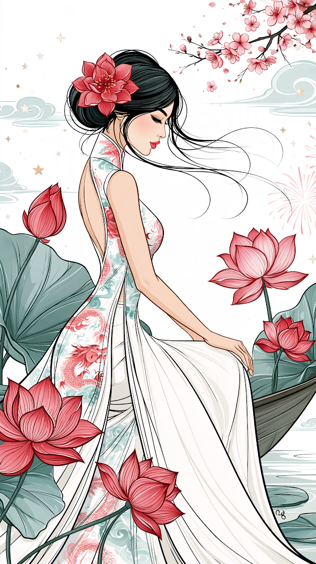 Celebrating Vietnamese New Year: Elegant Girl in Ao Dai amidst Lotus Ponds