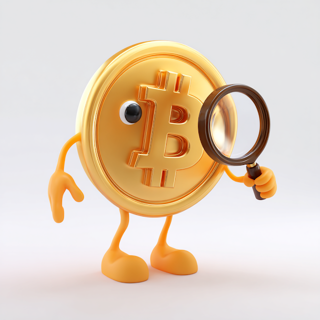 Charming 3D Bitcoin Character Inspecting Symbol