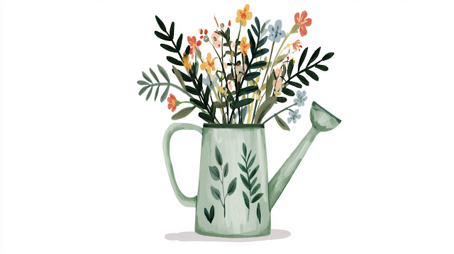 Charming Botanical Illustration of a Watering Can with Wildflowers