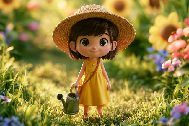 Cheerful 3D Cartoon Girl in a Summer Garden