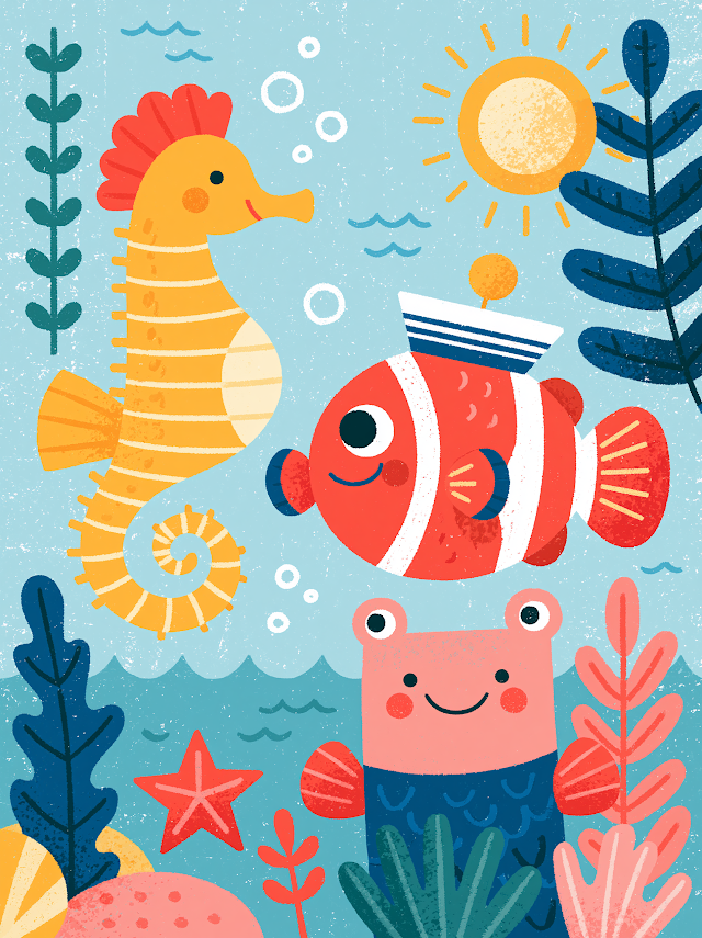 Cheerful Clownfish and Seahorse in a Sunny Seascape