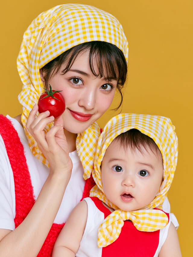 Cheerful Mother and Baby Portrait with Fruits