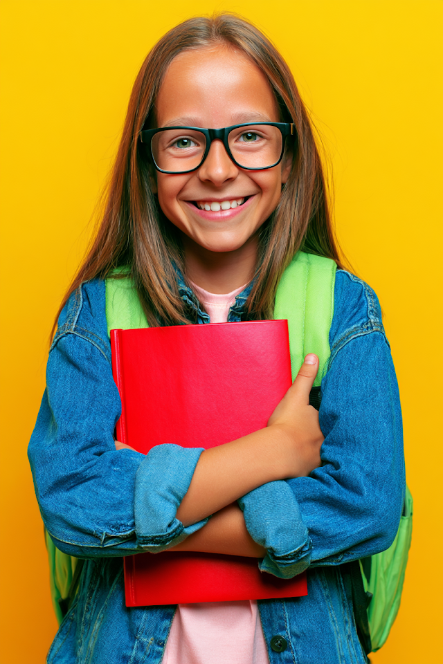 Cheerful Schoolgirl Embracing School Supplies