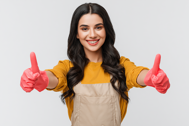 Cheerful Woman in Cleaning Attire Giving Thumbs Up