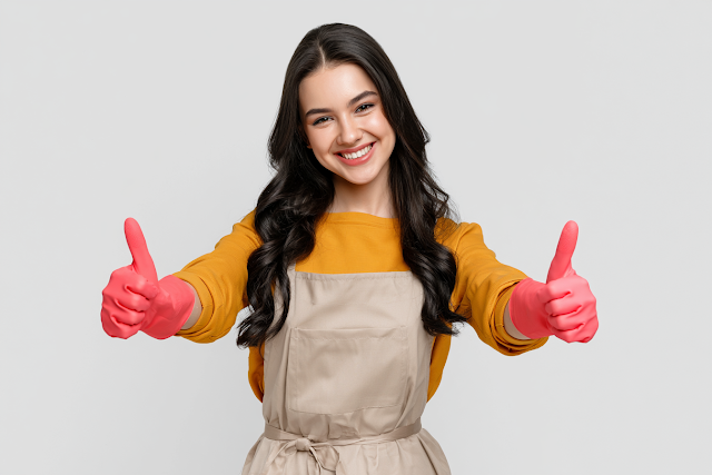 Cheerful Woman in Cleaning Attire Giving Thumbs Up