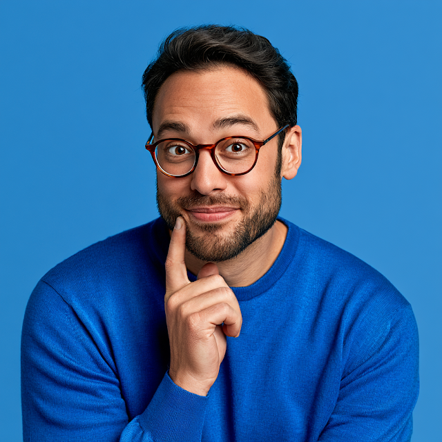 Cheerful Young Adult Man in Blue Sweater Sharing a Secret