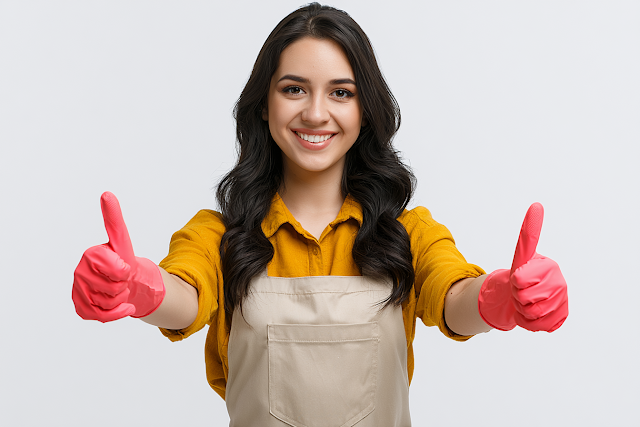 Cheerful Young Woman in Apron with Thumbs Up