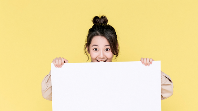 Cheerful Young Woman with Blank Signboard