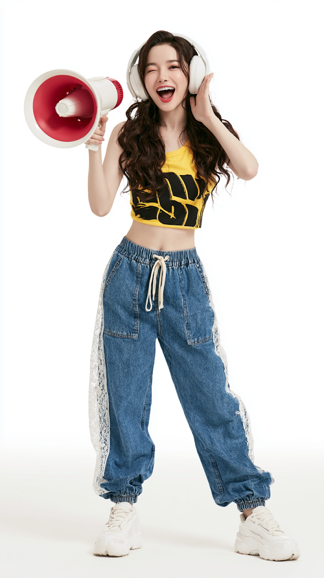 Cheerful Young Woman with Megaphone and Headphones