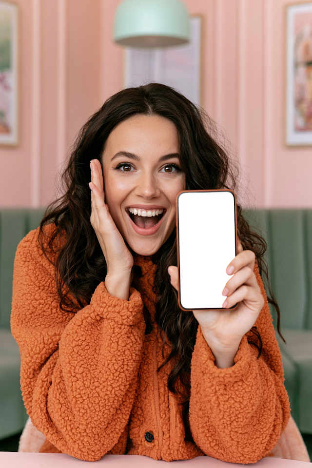 Cheerful Young Woman with Smartphone in Cozy Cafe