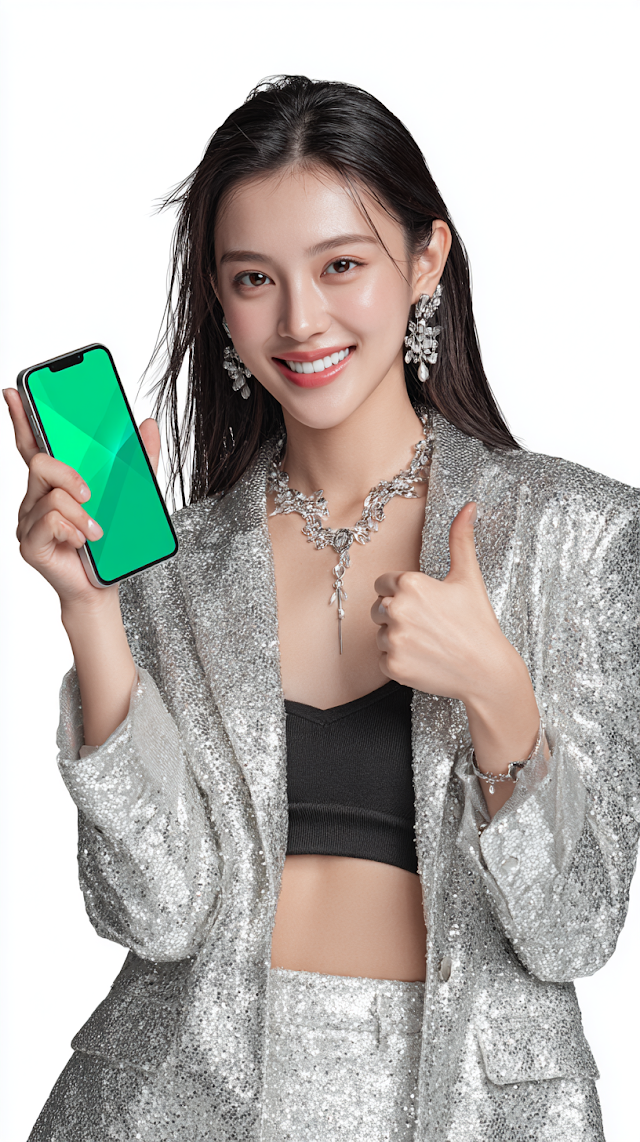 Cheerful Young Woman with Smartphone in Sparkling Silver Outfit