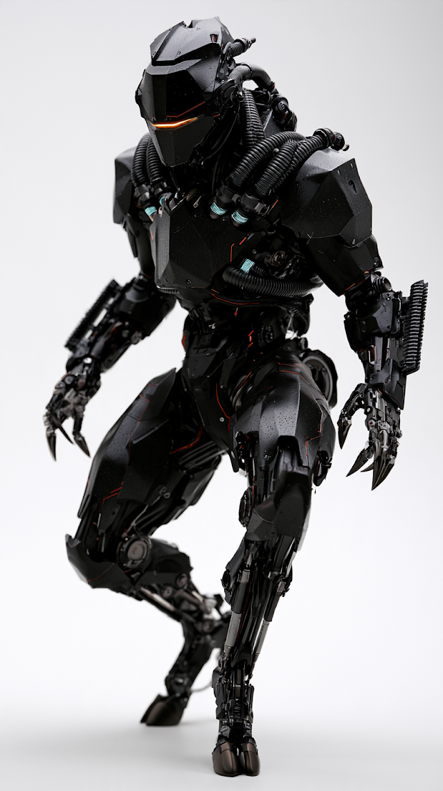 Cinematic Cyberpunk Biomechanical Hunter in Combat Ready Stance
