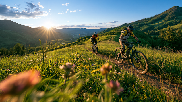 Cinematic Summer Adventure: Cyclists on a Sunlit Trail
