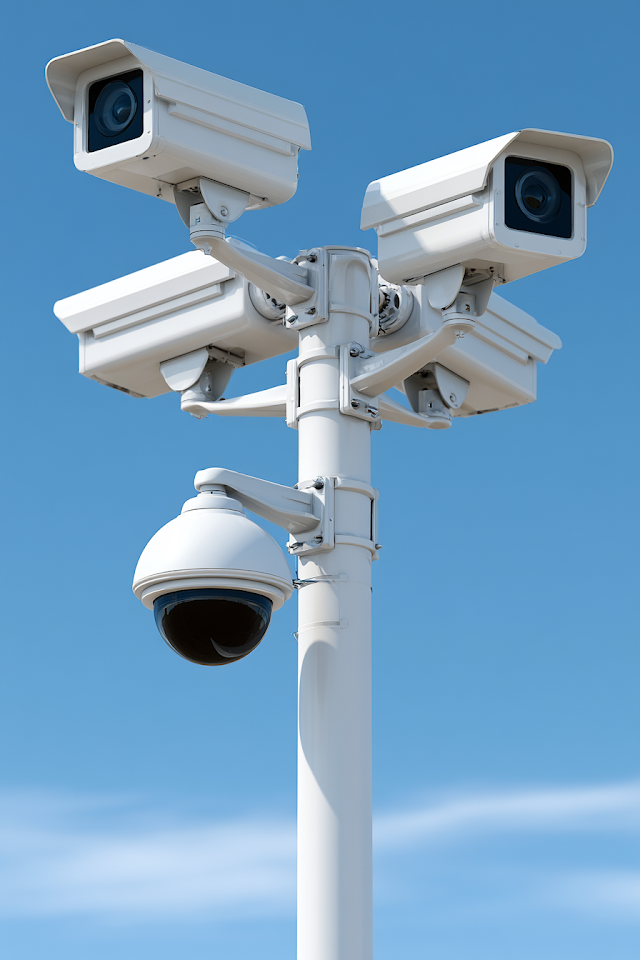 Close-Up of a White Metal Surveillance Pole with Security Cameras