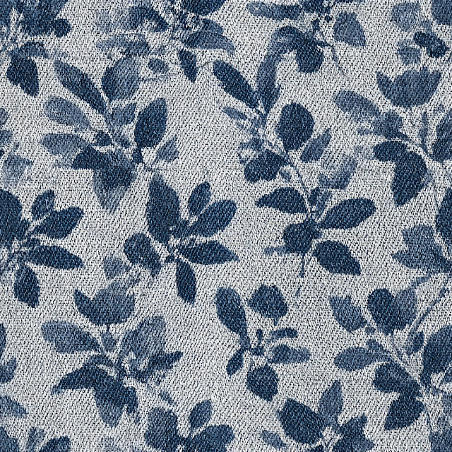 Close-Up of Woven Denim Fabric with Indigo Floral Print