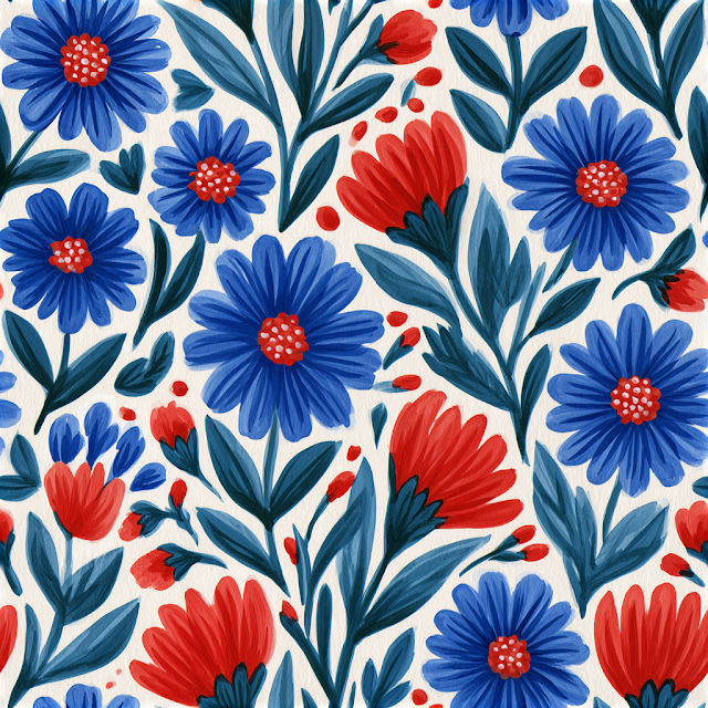Colorful Floral Pattern in Red and Blue