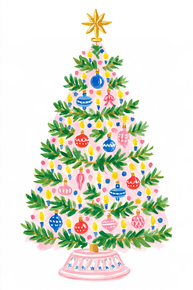 Colorful Gouache Christmas Tree Illustration