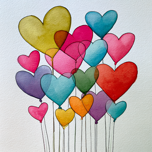 Colorful Hearts and Balloons Watercolor Arrangement