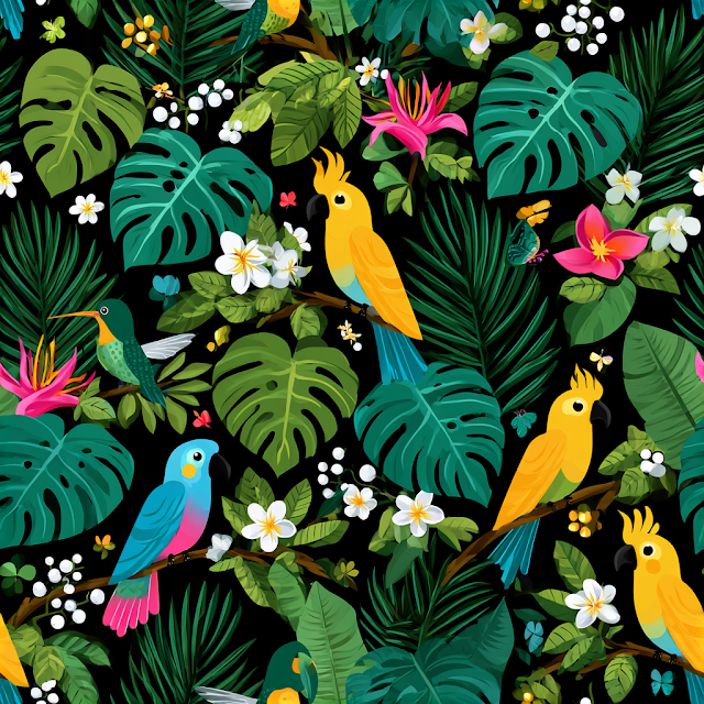 Colorful Tropical Jungle Pattern with Exotic Birds