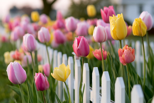 Colorful Tulips Blooming by a White Picket Fence