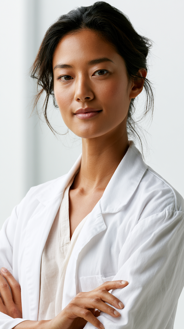 Confident Asian Female Doctor in White Coat