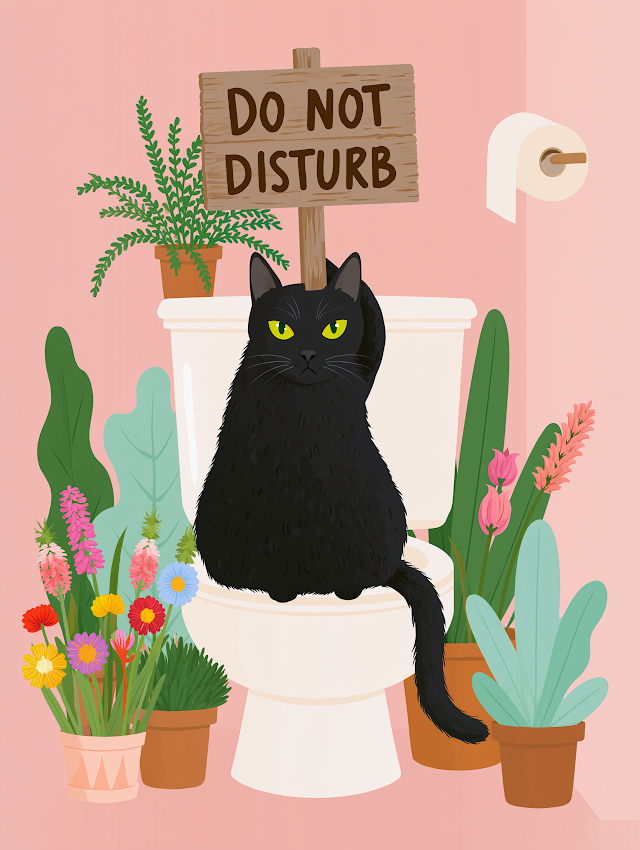 Confident Black Cat on Toilet with 'Do Not Disturb' Sign