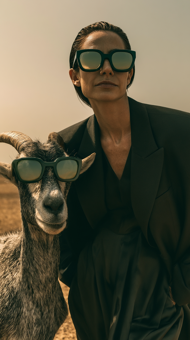 Confident Duo: Stylish Woman and Mountain Goat Portrait