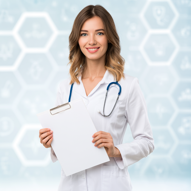 Confident Female Doctor in Clean Studio Holding Clipboard