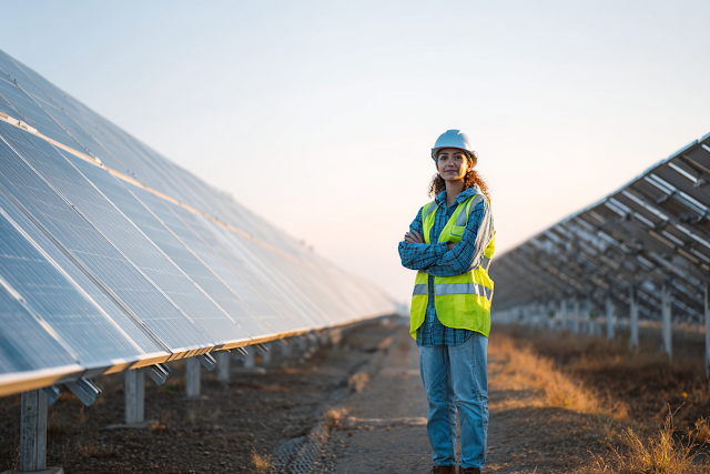 Confident Female Engineer in Solar Farm