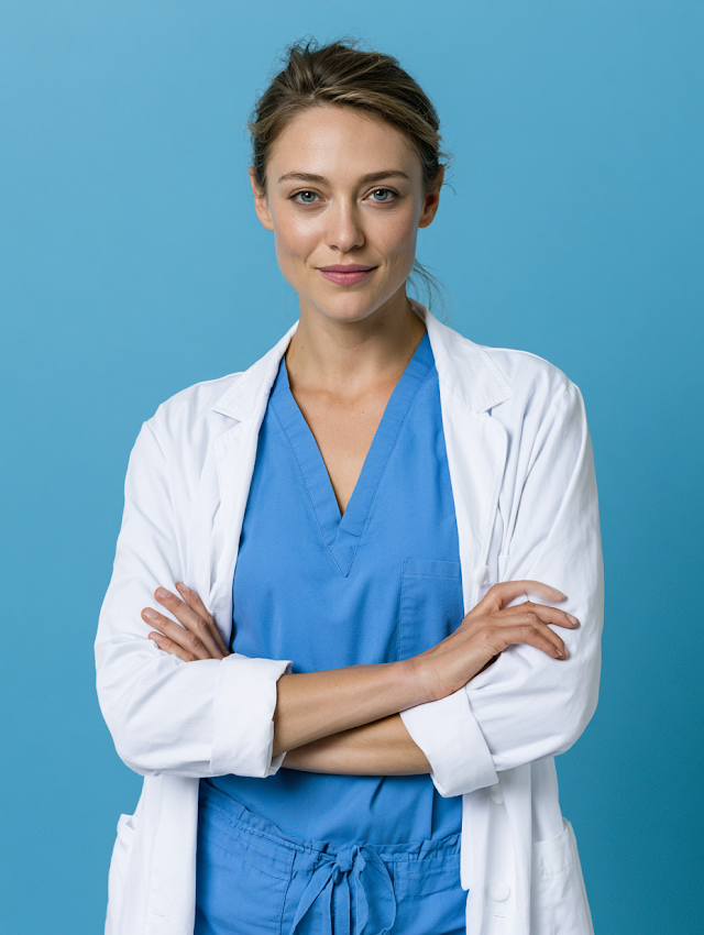 Confident Female Healthcare Professional in Medical Scrubs
