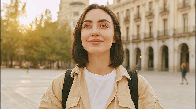 Confident Traveler in a Golden Hour European Square