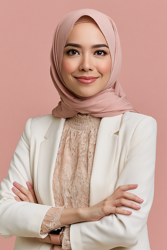 Confident Young Woman in Blush Beige Hijab and White Blazer Portrait