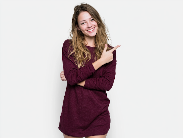 Confident Young Woman in Burgundy Dress