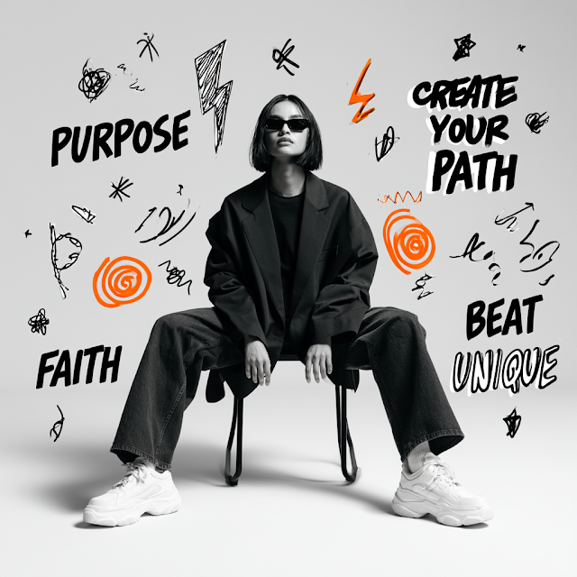 Confident Youthful Fashion Portrait with Motivational Doodles