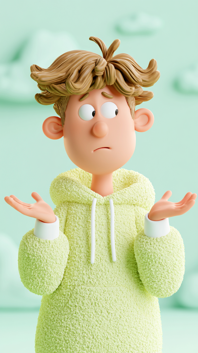 Confused Cartoon Boy in Fuzzy Hoodie