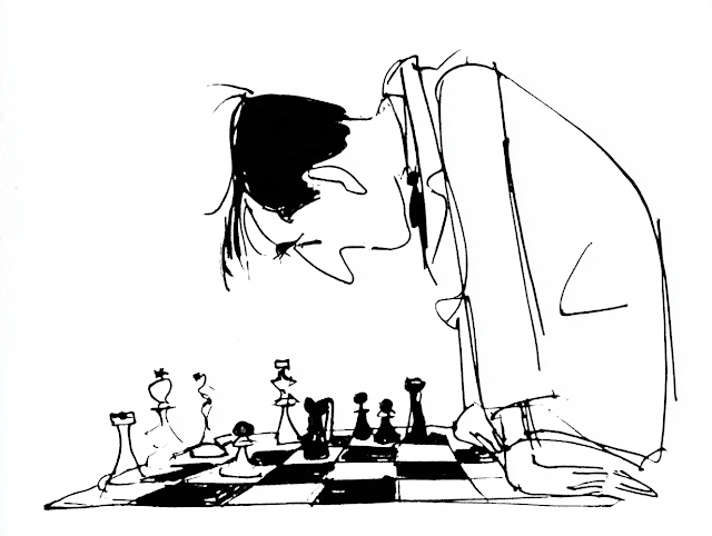 Contemplative Chess Player in Mid-Century Cartoon Style